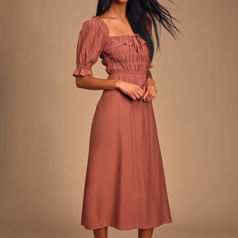 Lulu's Rust Midi Dress with Smocked Bodice
